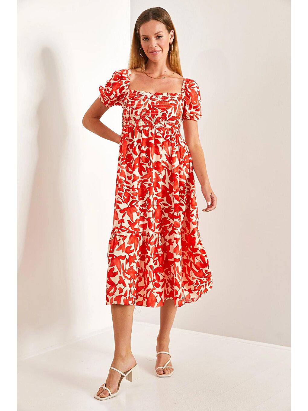 Turuncu Kadın Kare Yaka Gipeli Multi Desenli Kloş Elbise-2