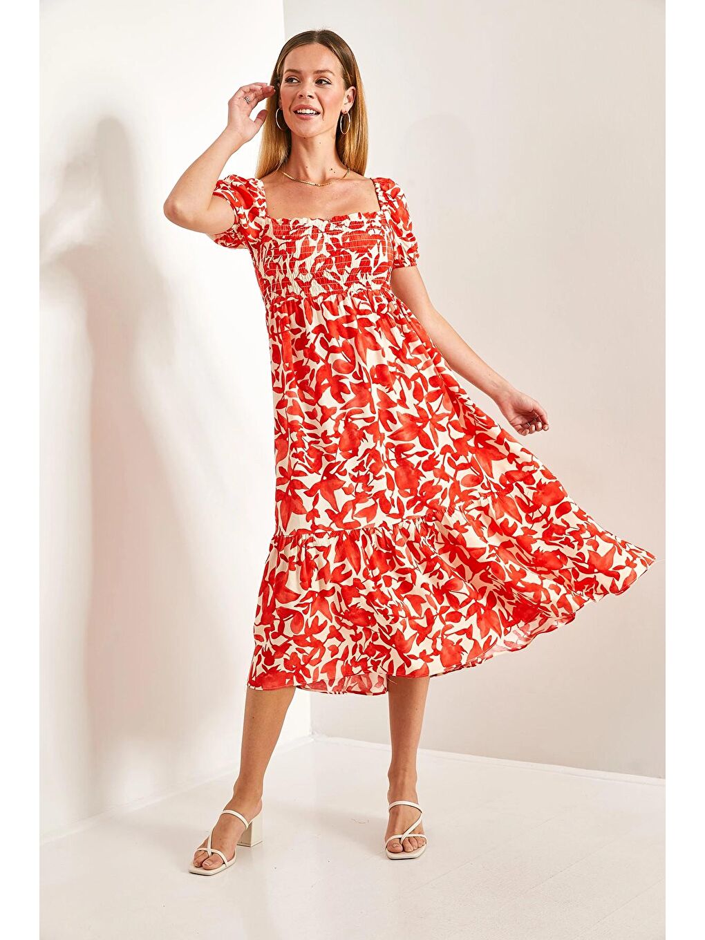 Turuncu Kadın Kare Yaka Gipeli Multi Desenli Kloş Elbise-3