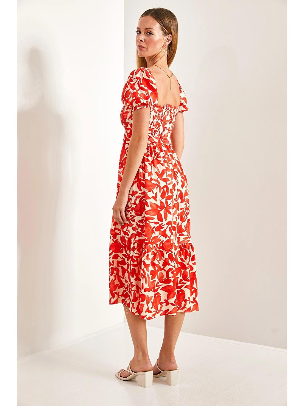 Turuncu Kadın Kare Yaka Gipeli Multi Desenli Kloş Elbise-4