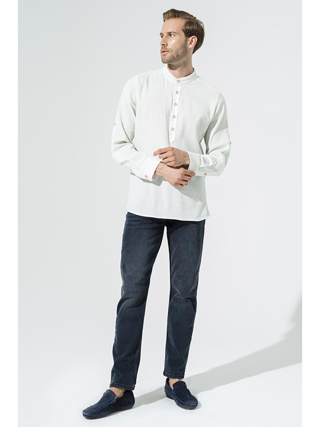 Organik Garnili Hakim Yaka Uzun Kol Yeşil Gömlek