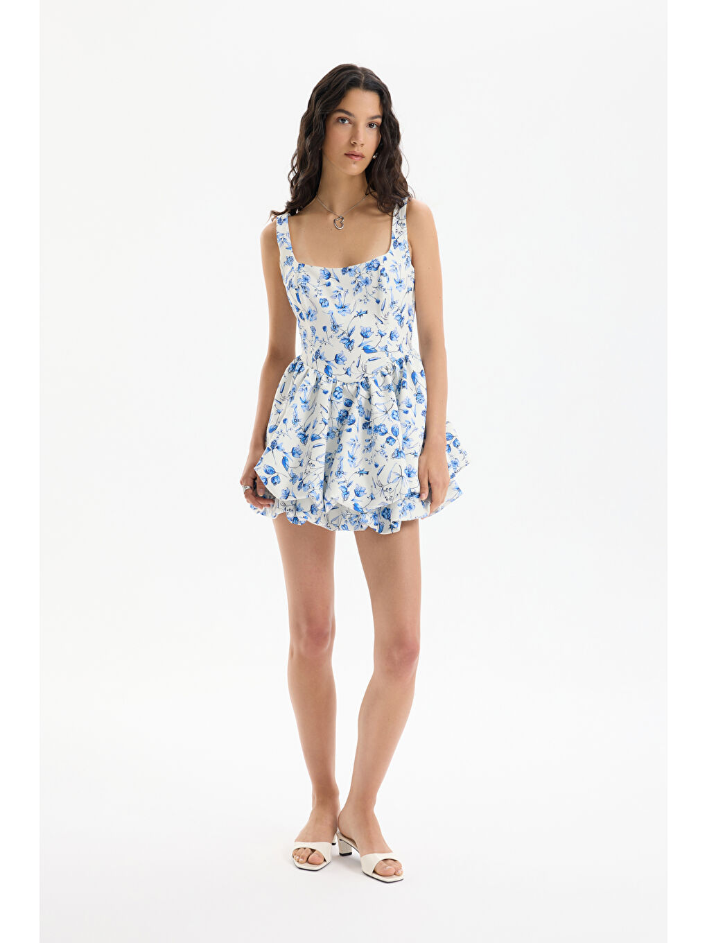 Çiçek Desenli Mini Balon Elbise Ekru