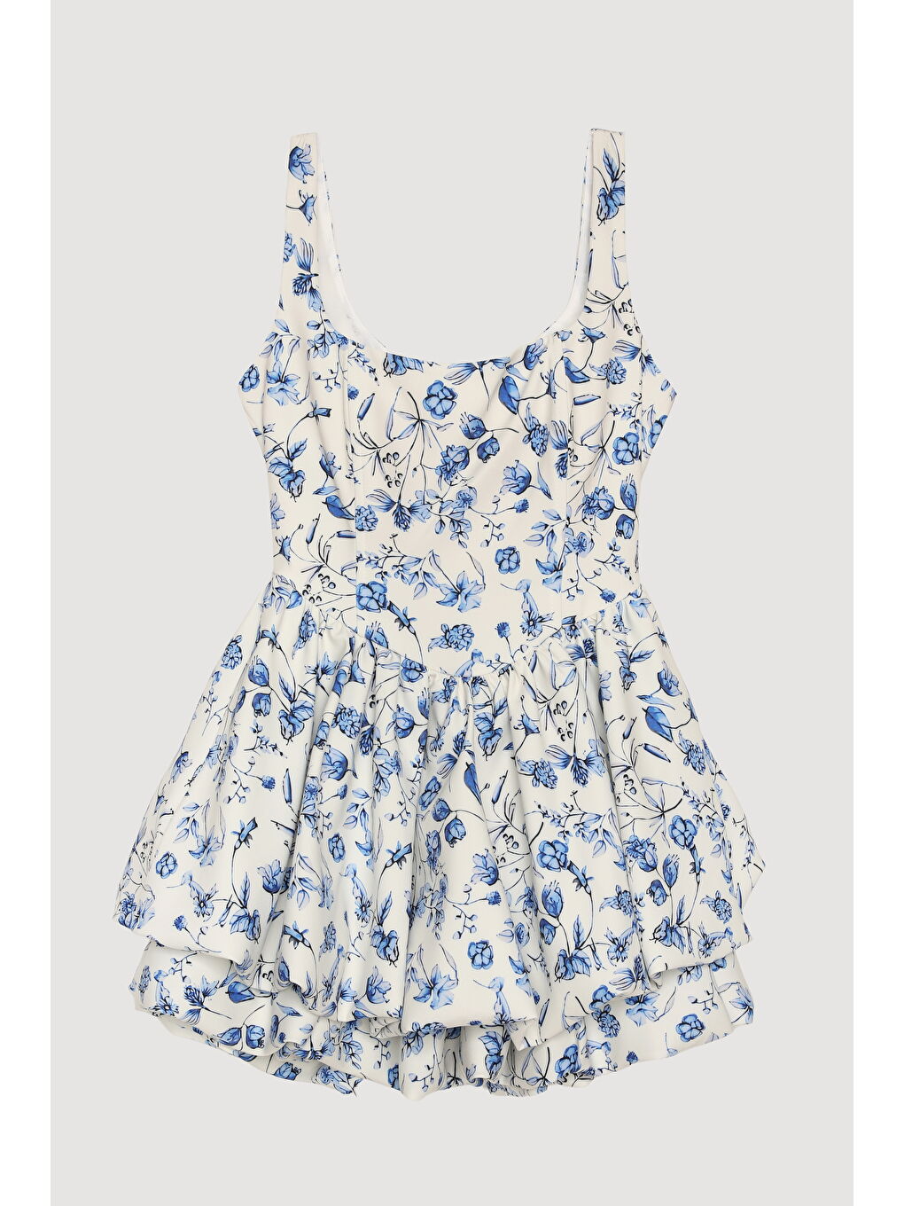 Çiçek Desenli Mini Balon Elbise Ekru-1