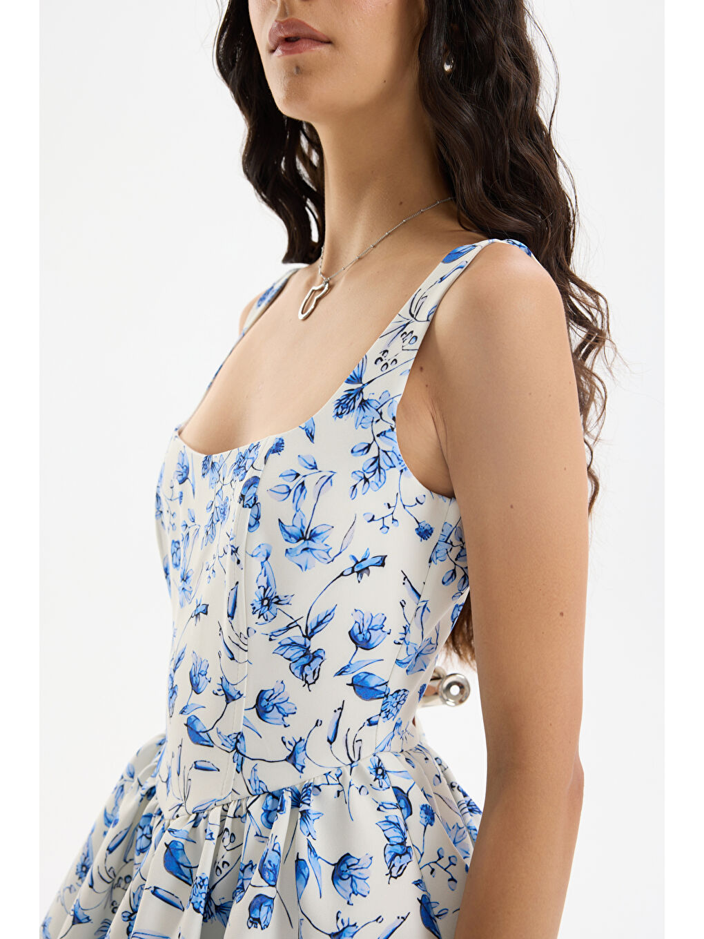 Çiçek Desenli Mini Balon Elbise Ekru-2