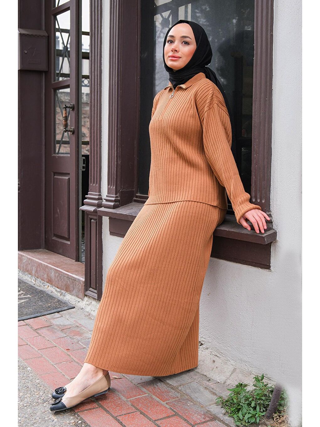 Bej Önden Fermuarlı Etekli İkili Takım Vizon-2