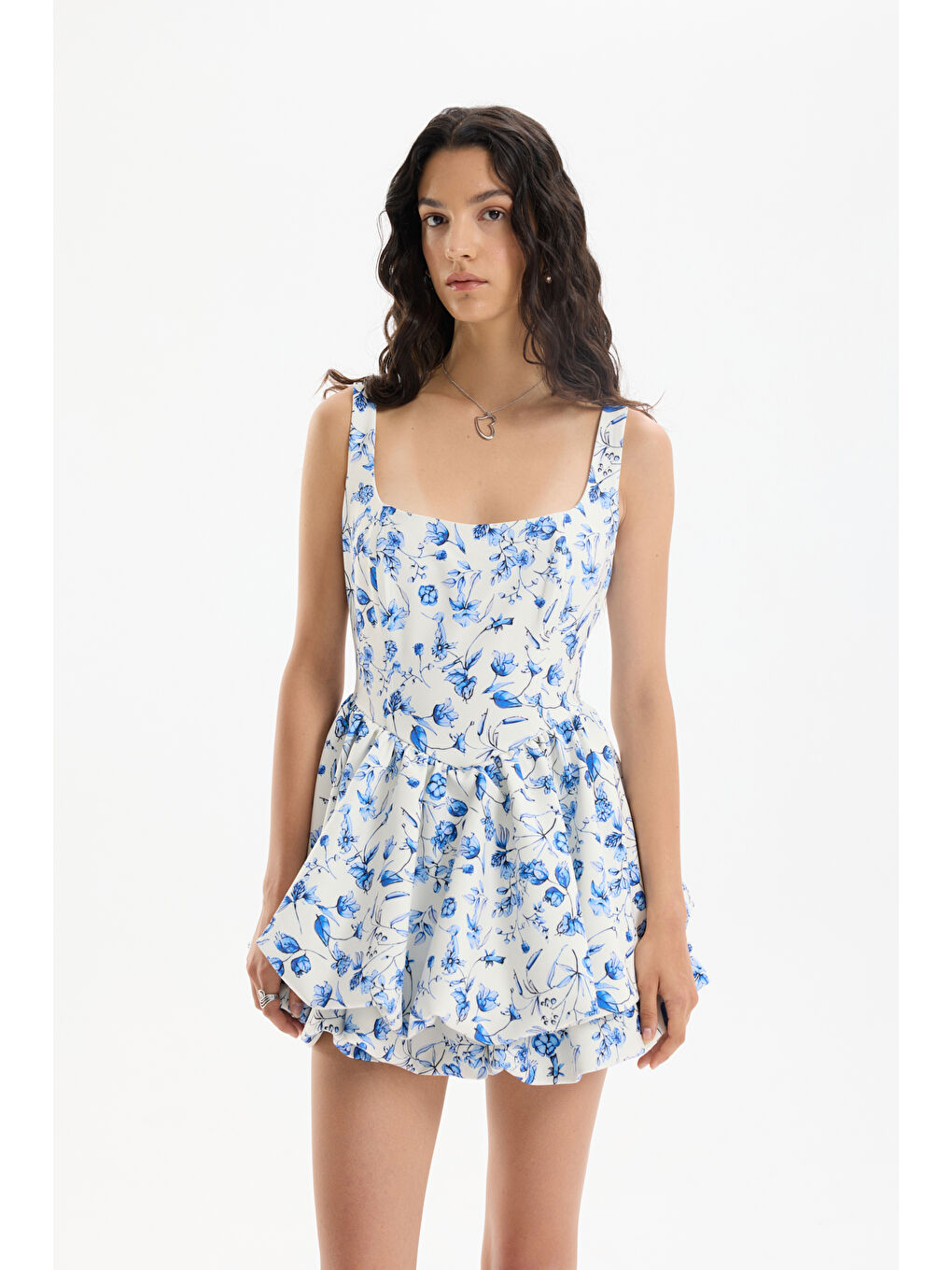 Çiçek Desenli Mini Balon Elbise Ekru-3