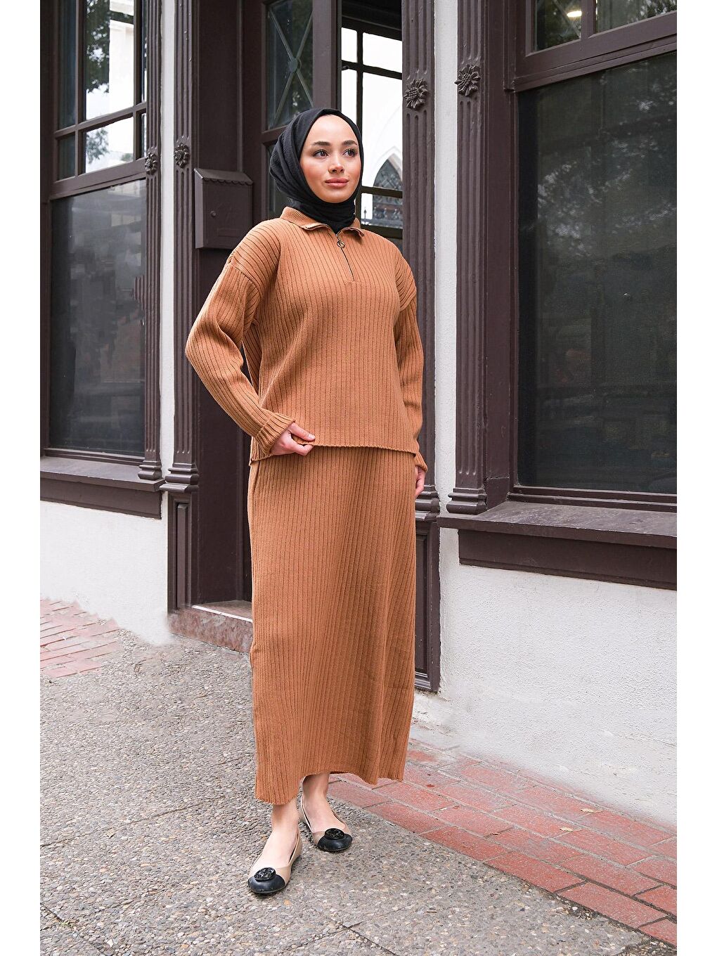 Bej Önden Fermuarlı Etekli İkili Takım Vizon-3