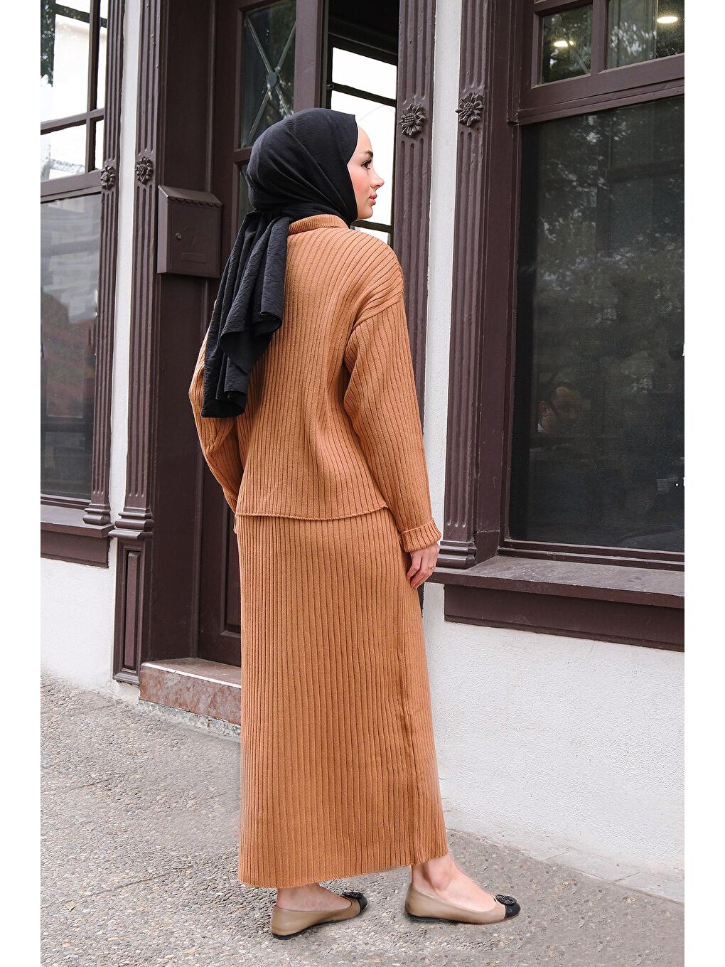 Bej Önden Fermuarlı Etekli İkili Takım Vizon-4