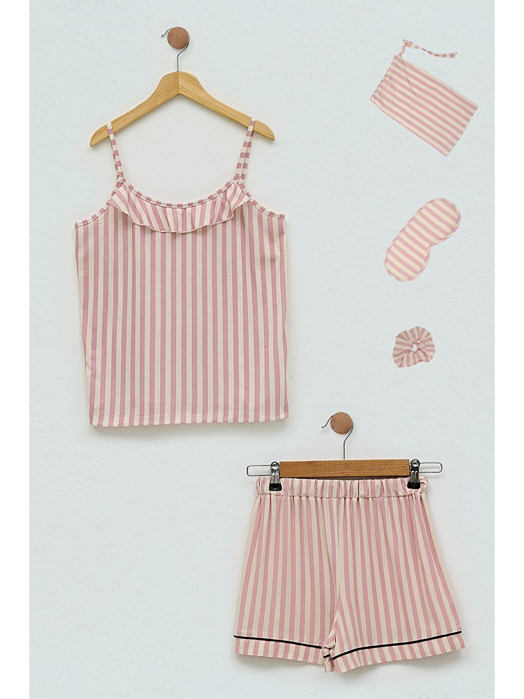 7'Li Viskon Biyeli Çizgili Fuşya Pijama Takımı-2