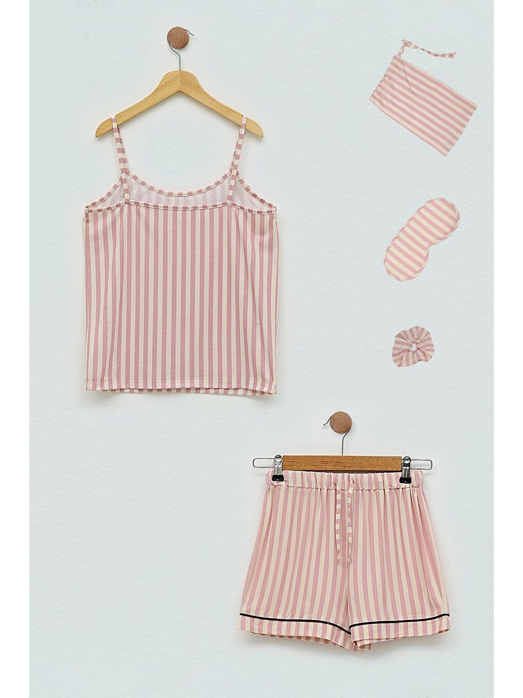 7'Li Viskon Biyeli Çizgili Fuşya Pijama Takımı-4