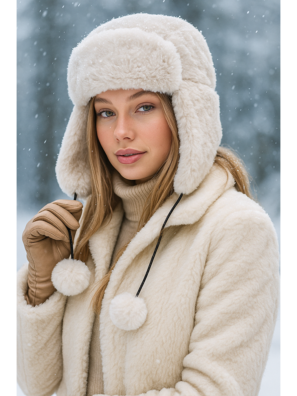 Kadın Bej Kürklü Kulaklıklı Pelüş Şapka Bere1103-2