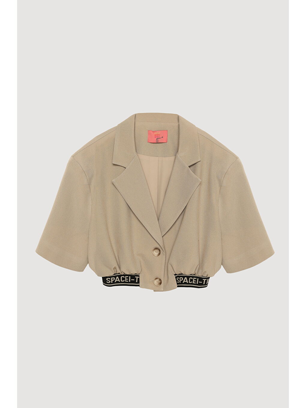 Beli Yazılı Kruvaze Yaka Düğmeli Kısa Ceket Bej-1