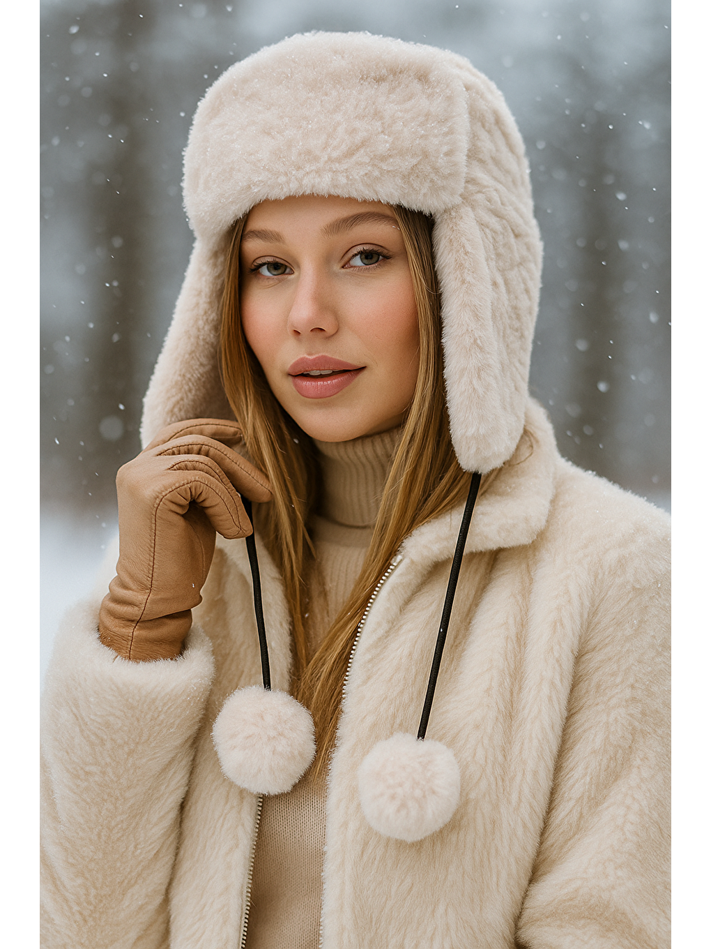 Kadın Bej Kürklü Kulaklıklı Pelüş Şapka Bere1103-1