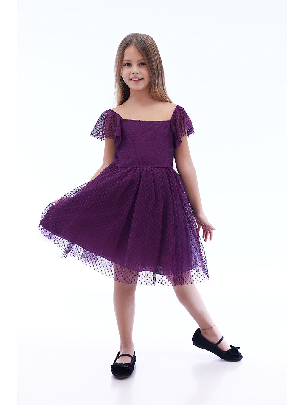 Mor Kız Çocuk Kare Yaka Trend Tül Elbise AK2242