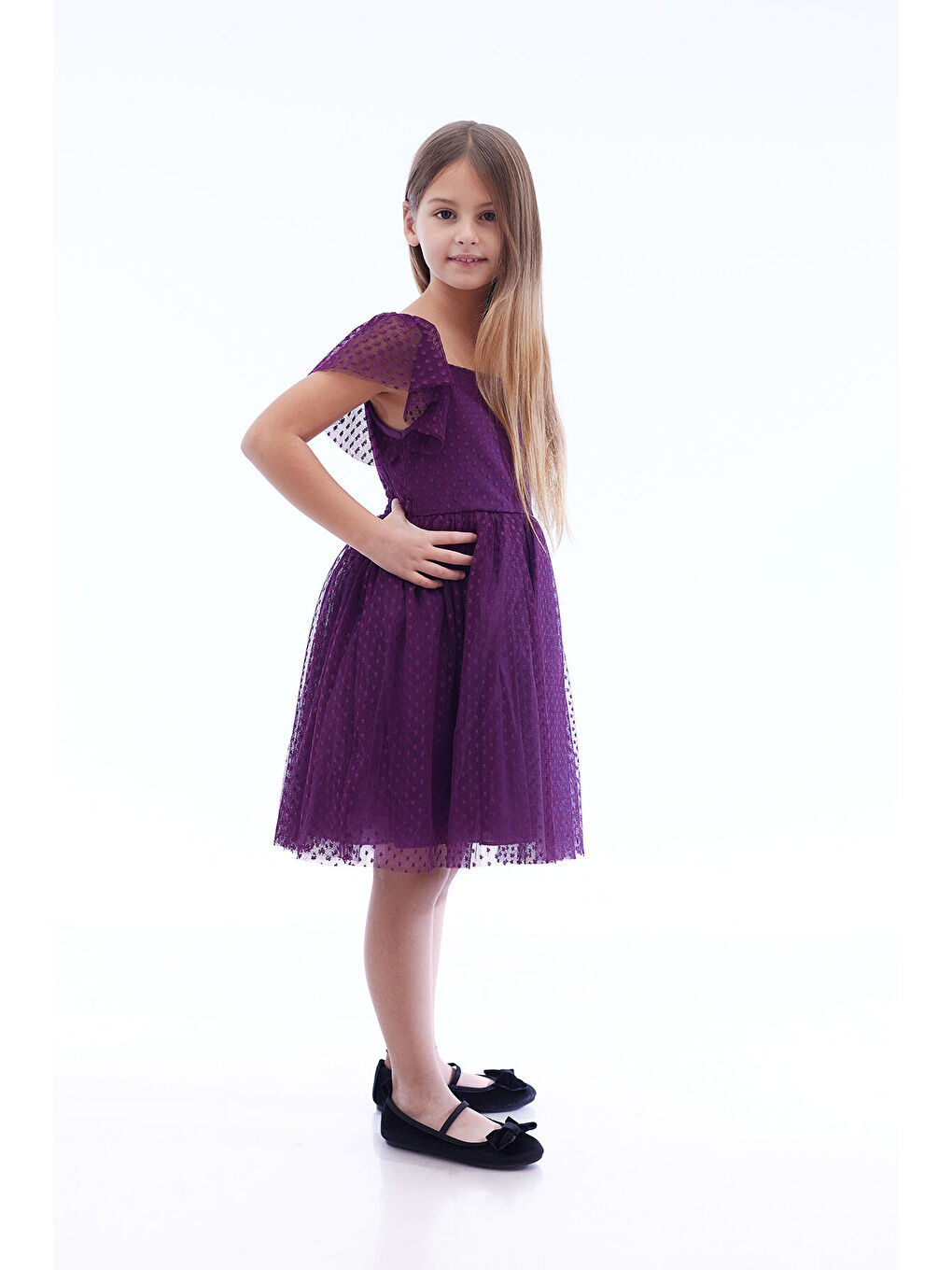 Mor Kız Çocuk Kare Yaka Trend Tül Elbise AK2242-1