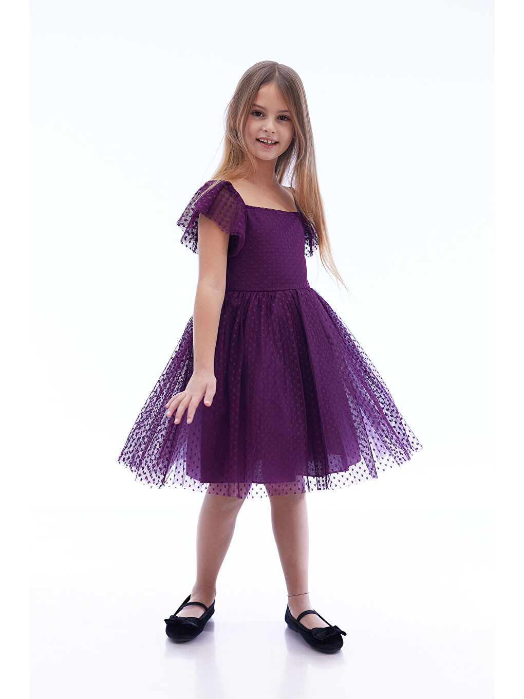 Mor Kız Çocuk Kare Yaka Trend Tül Elbise AK2242-2
