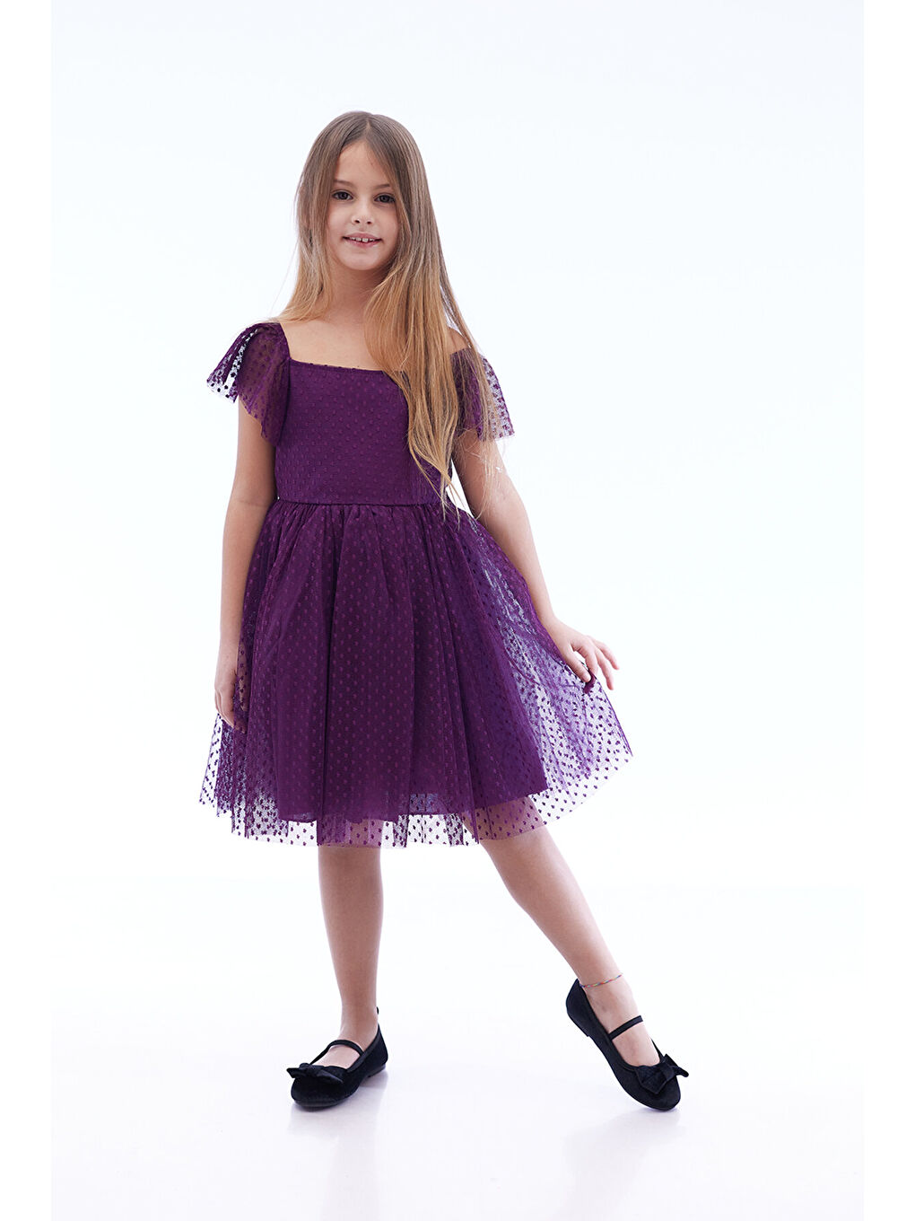Mor Kız Çocuk Kare Yaka Trend Tül Elbise AK2242-3