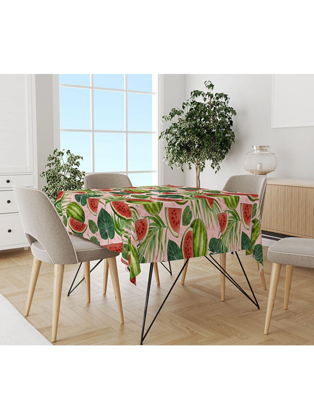 Karışık Karpuz Desenli Masa Örtüsü Beyaz 140x140 cm