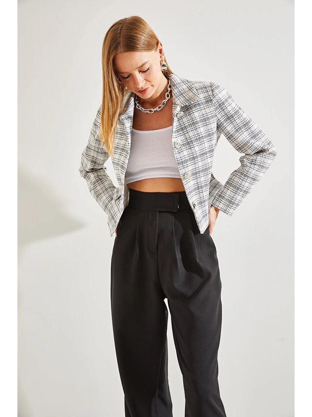 Beyaz Kadın Ekose Desenli Şanel Kumaş Ceket-1