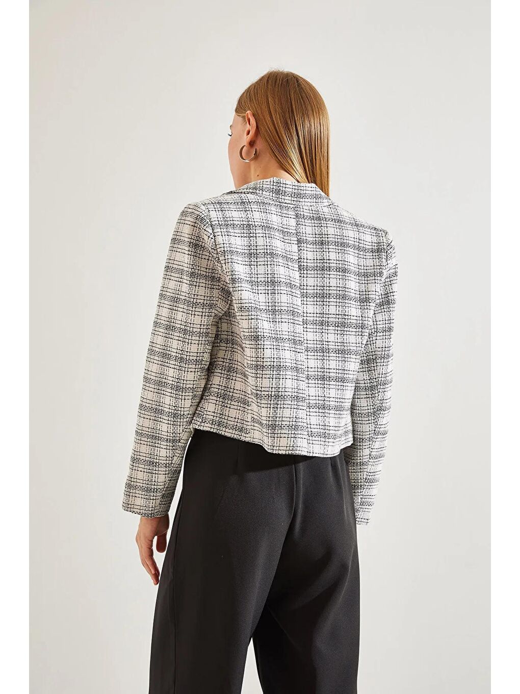 Beyaz Kadın Ekose Desenli Şanel Kumaş Ceket-2