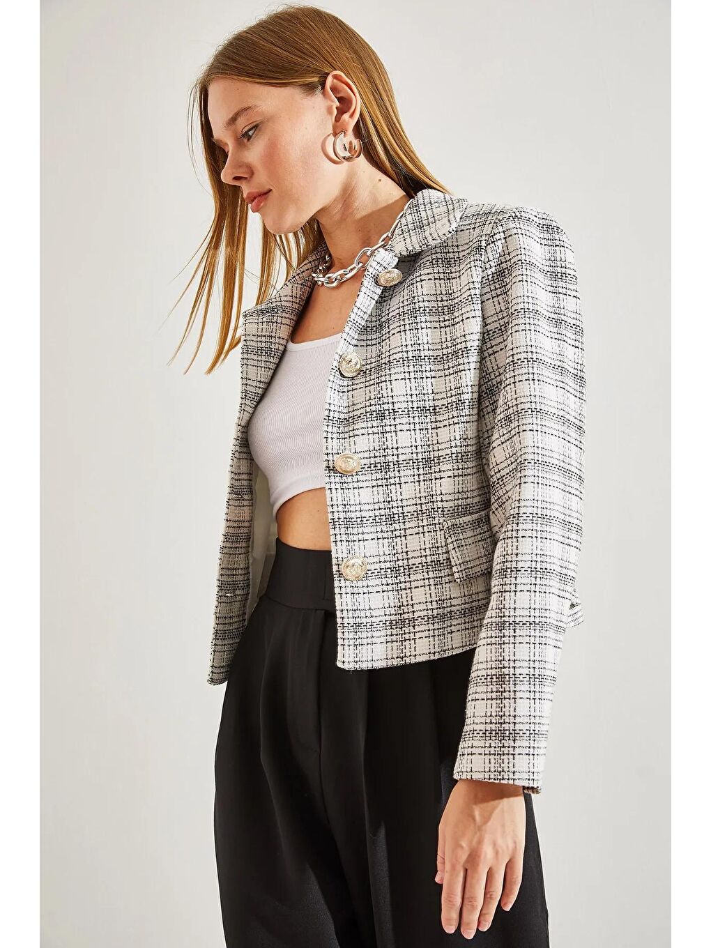 Beyaz Kadın Ekose Desenli Şanel Kumaş Ceket-3