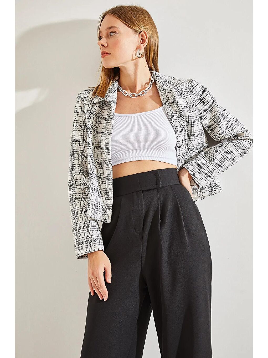 Beyaz Kadın Ekose Desenli Şanel Kumaş Ceket-4