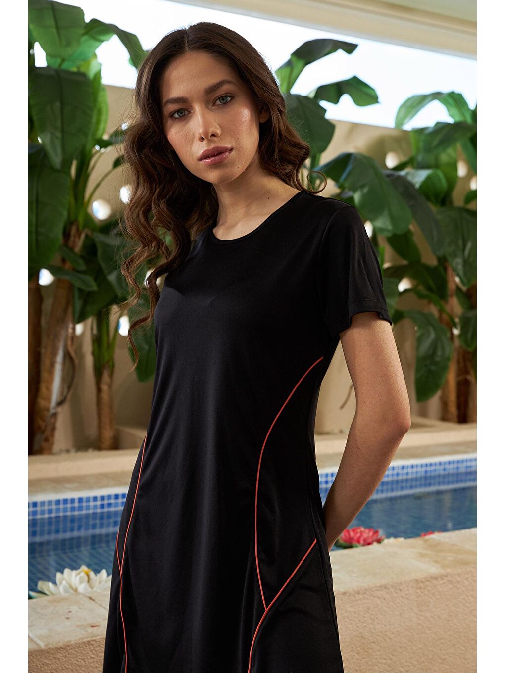 Yarı Kapalı Mayo Kısa Kollu Turuncu Çizgili R015 Siyah-2