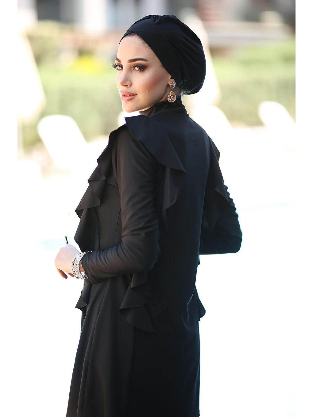 Likralı Tam Kapalı Tesettür Mayo Yanı Fırfırlı R033 Seda Siyah-4