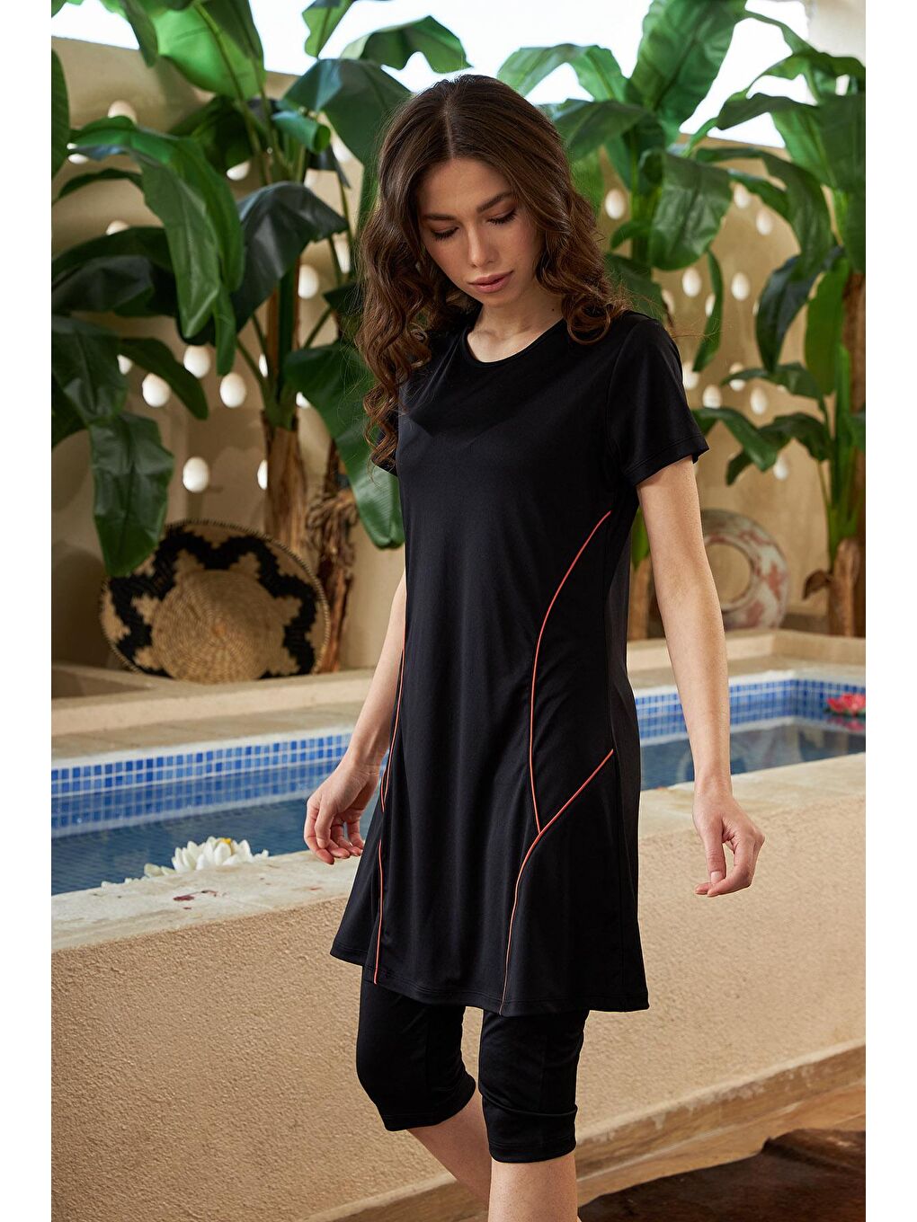 Yarı Kapalı Mayo Kısa Kollu Turuncu Çizgili R015 Siyah-3