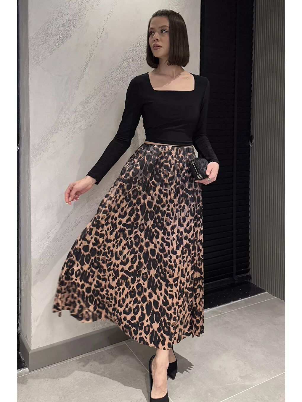 Bej Kadın Leopar Desenli Pileli Etek-1