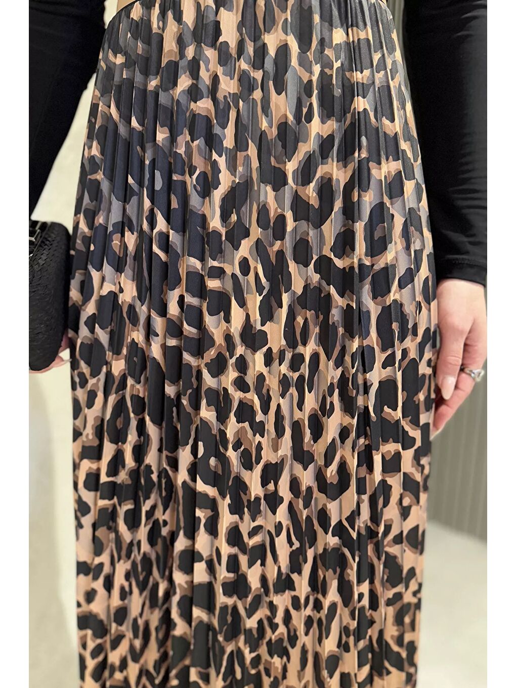 Bej Kadın Leopar Desenli Pileli Etek-3