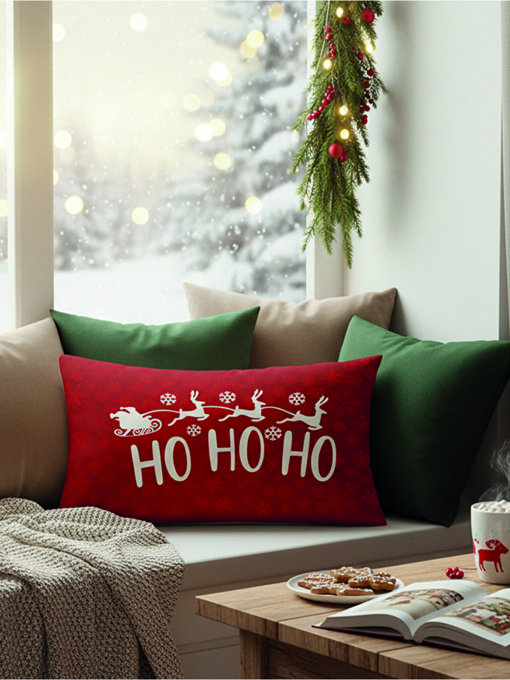 Karışık Yılbaşı Temalı Ho Ho Ho Desenli Kadife Kırlent Kılıfı 35x55 cm