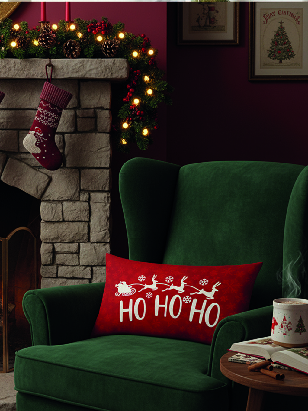 Karışık Yılbaşı Temalı Ho Ho Ho Desenli Kadife Kırlent Kılıfı 35x55 cm-1