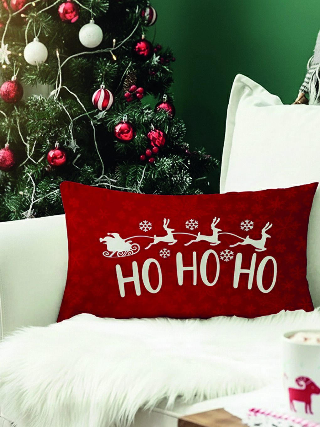 Karışık Yılbaşı Temalı Ho Ho Ho Desenli Kadife Kırlent Kılıfı 35x55 cm-2