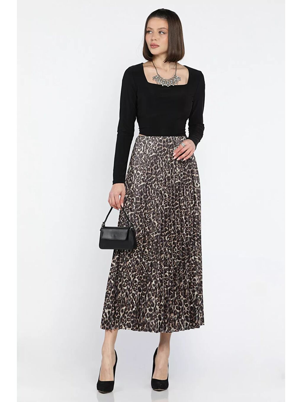 Haki Kadın Leopar Desenli Pileli Etek