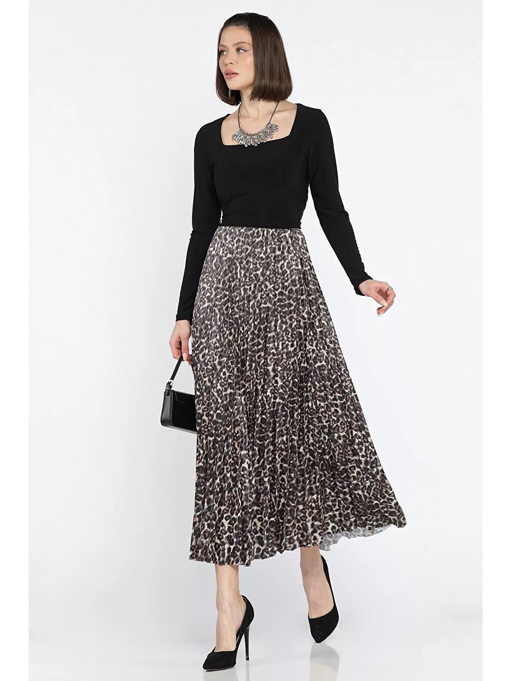 Haki Kadın Leopar Desenli Pileli Etek-1