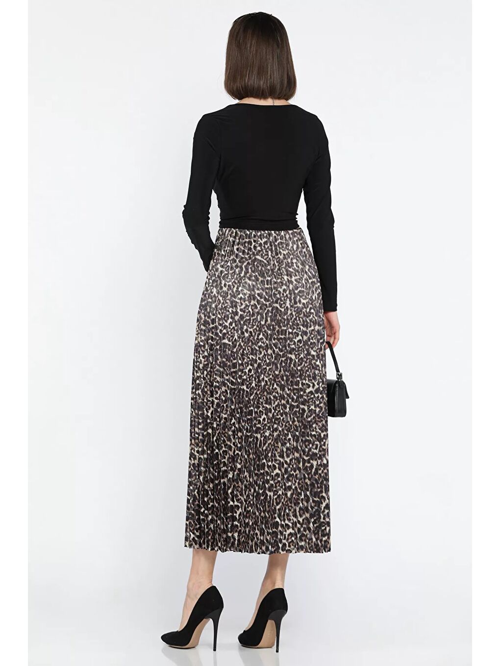 Haki Kadın Leopar Desenli Pileli Etek-2