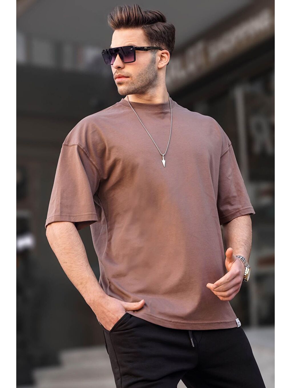 Erkek Kahverengi Oversize Fit Basic %100 Pamuk Tişört 6066
