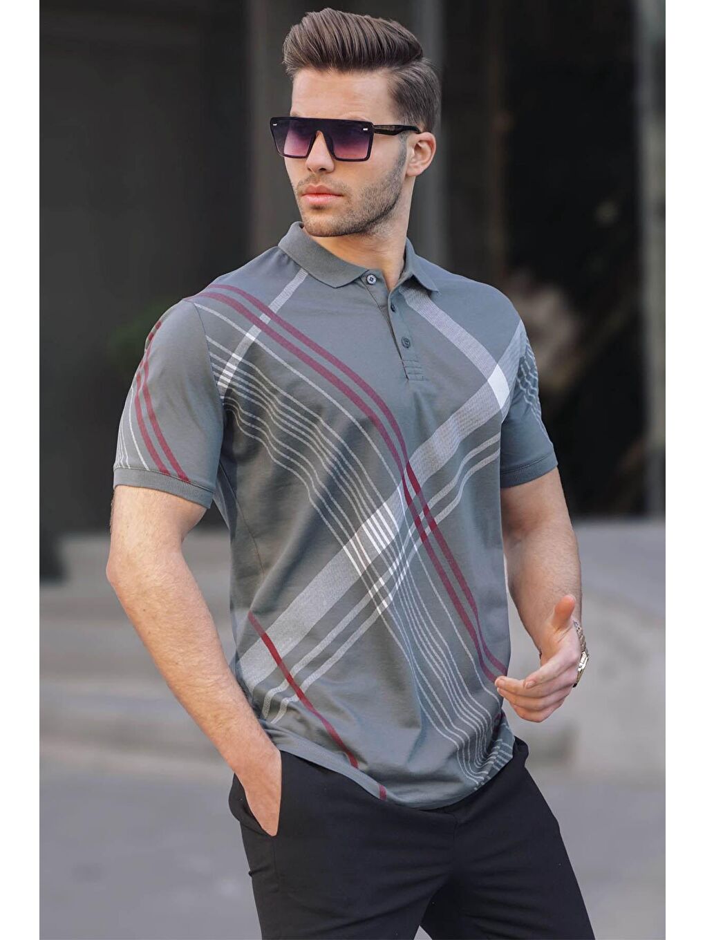 Gri Füme Desenli Polo Yaka Erkek Tişört 6079