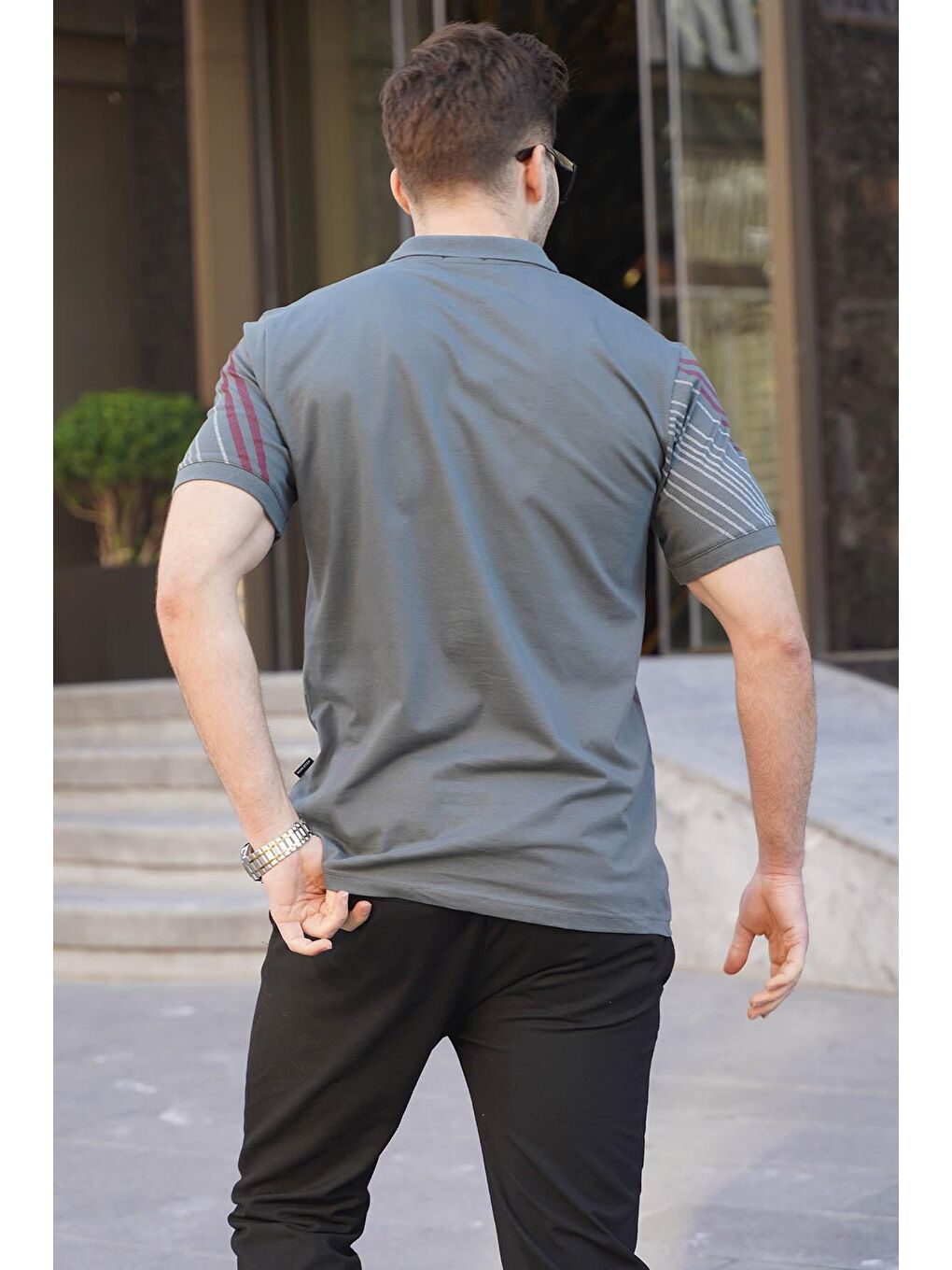 Gri Füme Desenli Polo Yaka Erkek Tişört 6079-1