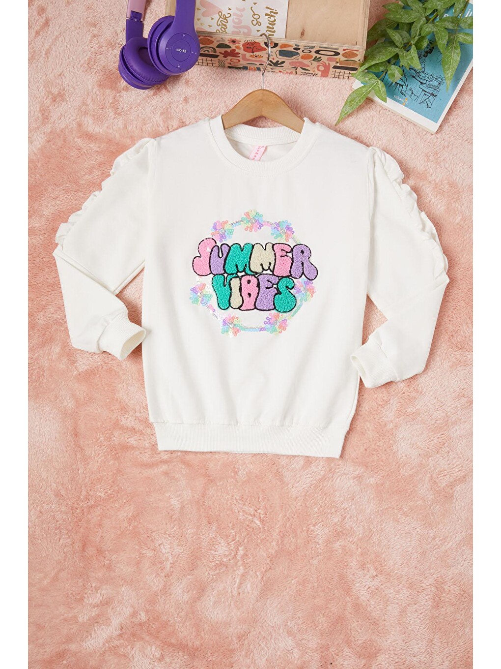 Beyaz Summer Yazı Nakışlı Kız Çocuk Sweatshirt 16587