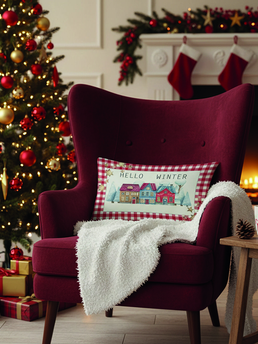 Karışık Yılbaşı Temalı Hello Winter Desenli Kadife Kırlent Kılıfı 35x55 cm