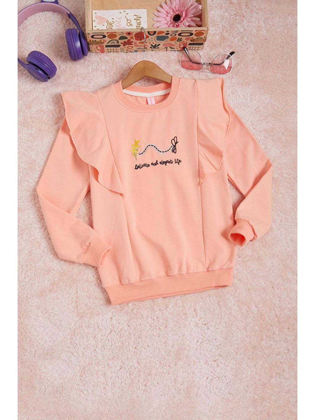 Pembe Life Kids Club Somon Kelebek Nakışlı Volanlı Kız Çocuk Sweatshirt 16404