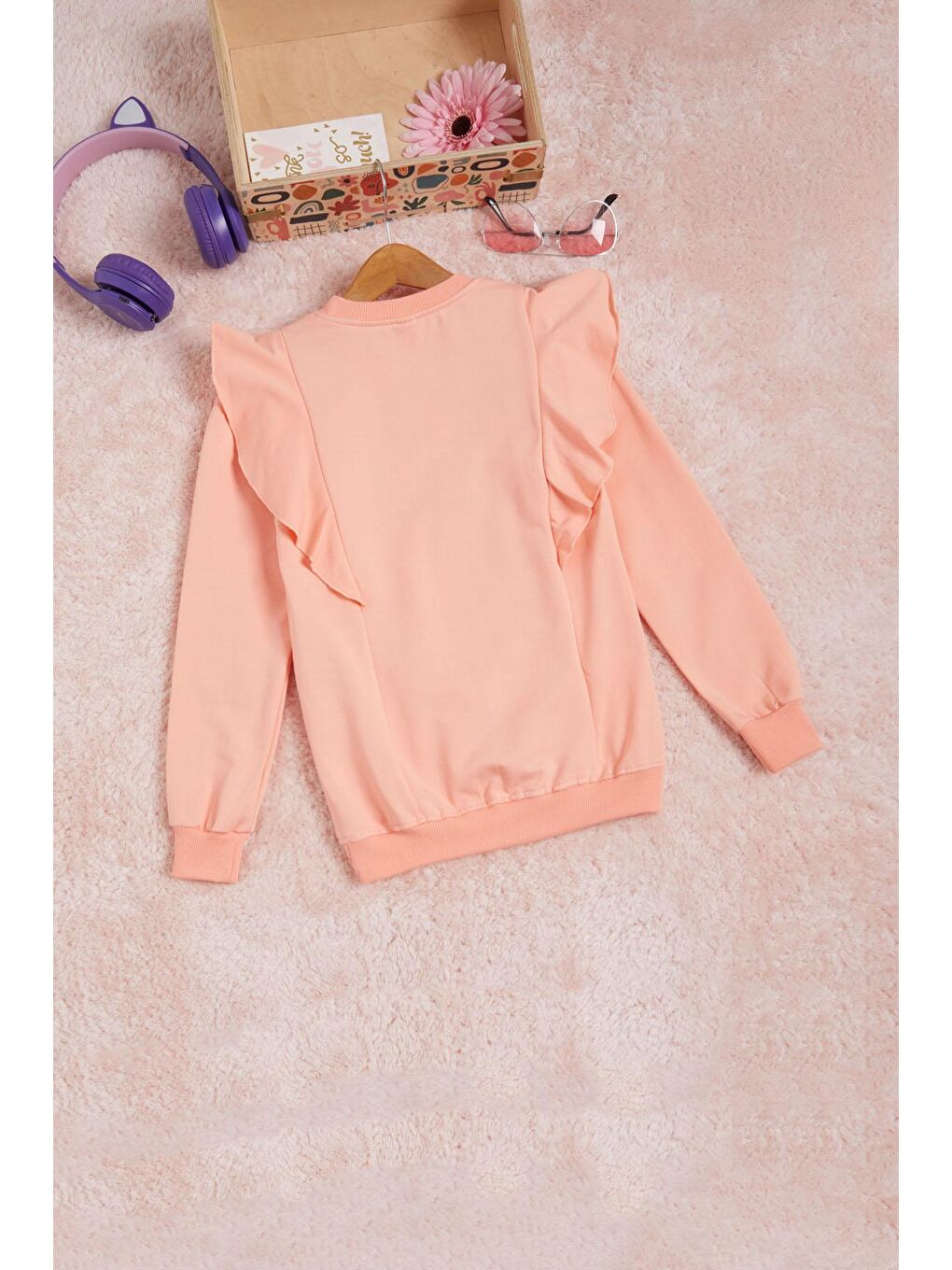 Pembe Life Kids Club Somon Kelebek Nakışlı Volanlı Kız Çocuk Sweatshirt 16404 - 3