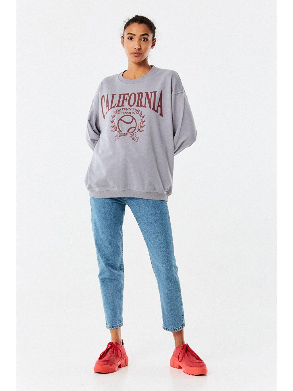 Gri California Baskılı Bisiklet Yaka Sweatshirt