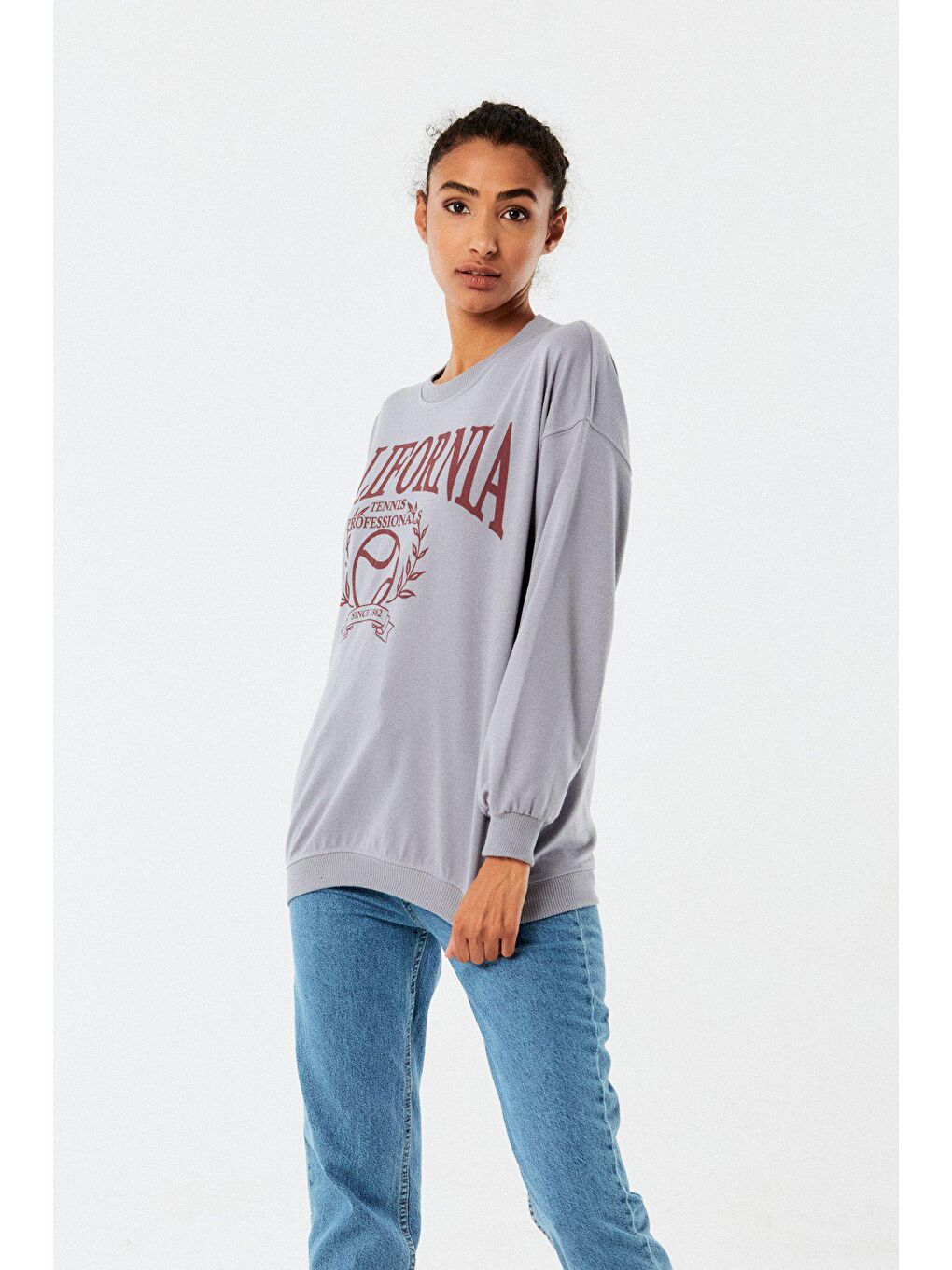 Gri California Baskılı Bisiklet Yaka Sweatshirt-1