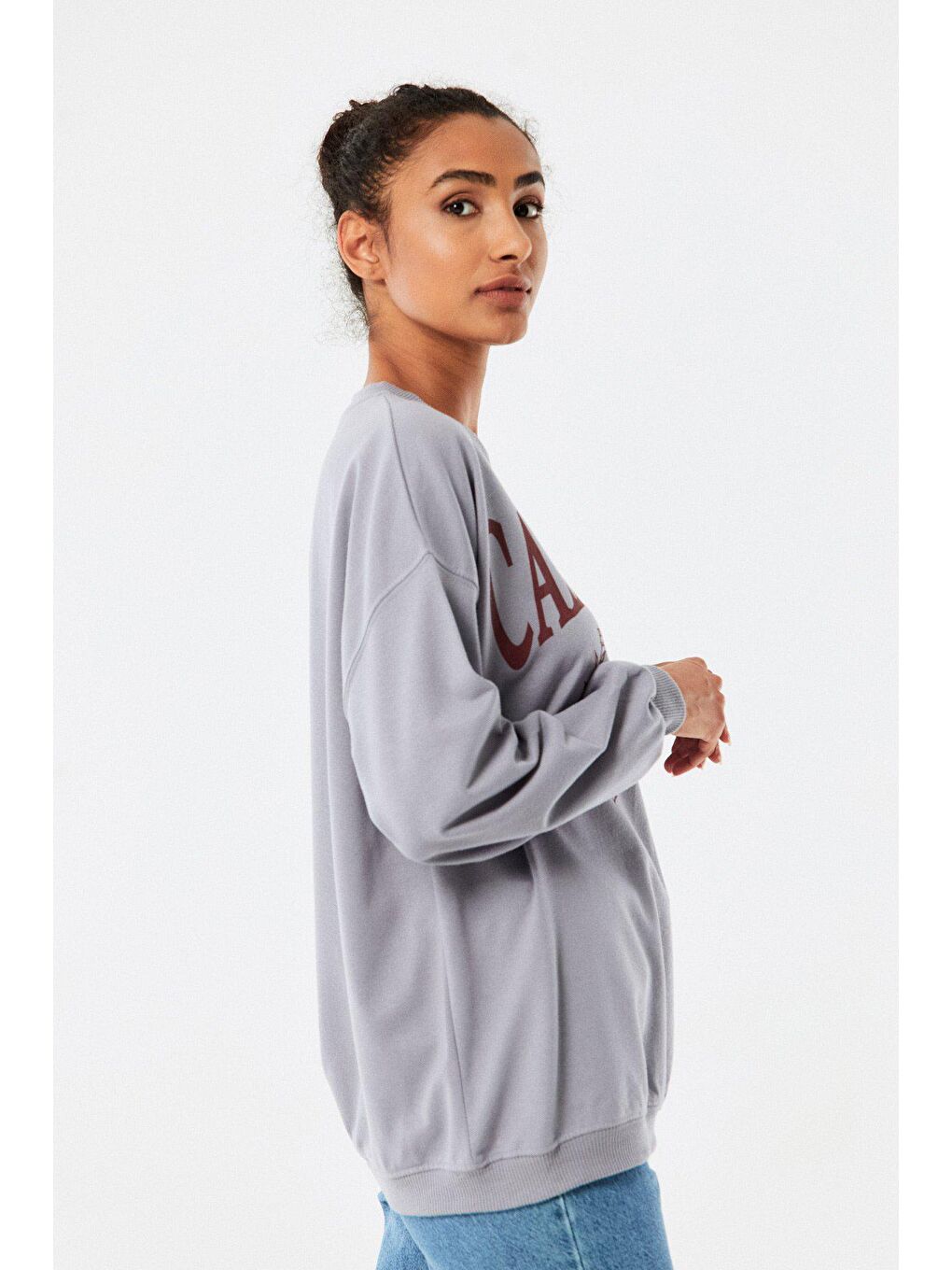 Gri California Baskılı Bisiklet Yaka Sweatshirt-2