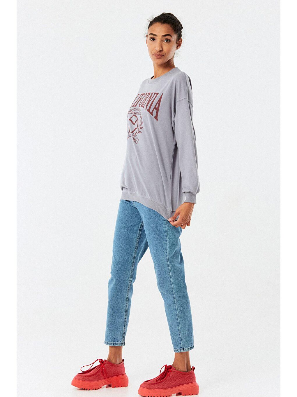 Gri California Baskılı Bisiklet Yaka Sweatshirt-3