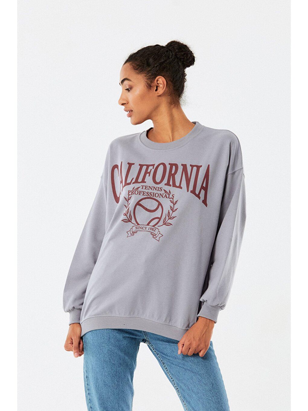 Gri California Baskılı Bisiklet Yaka Sweatshirt-4
