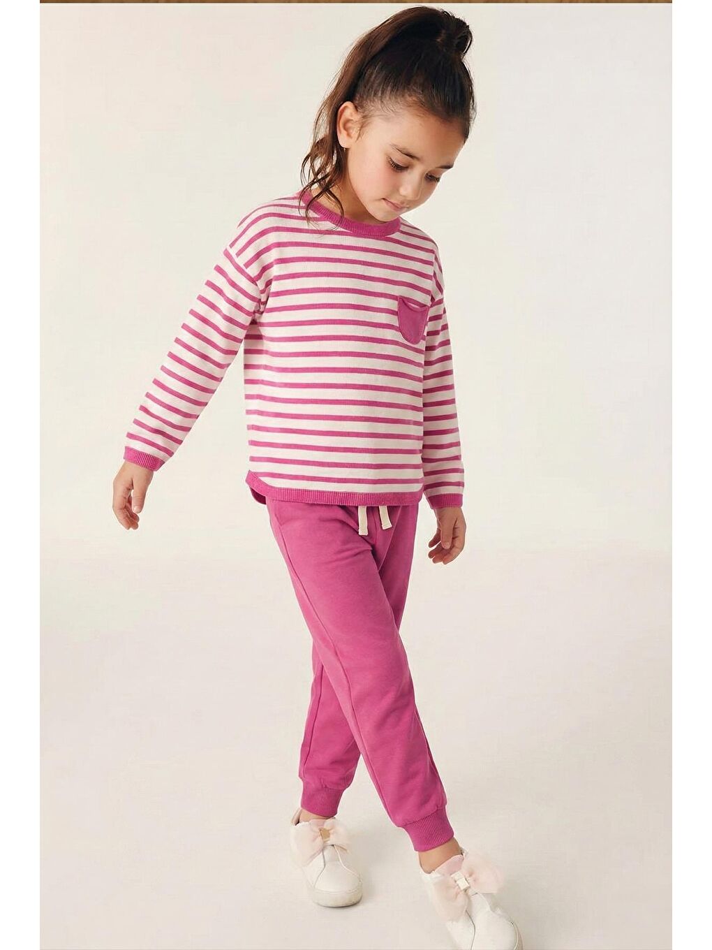 Çizgili Sweatshirt Takım 1-7 Yaş Fuşya