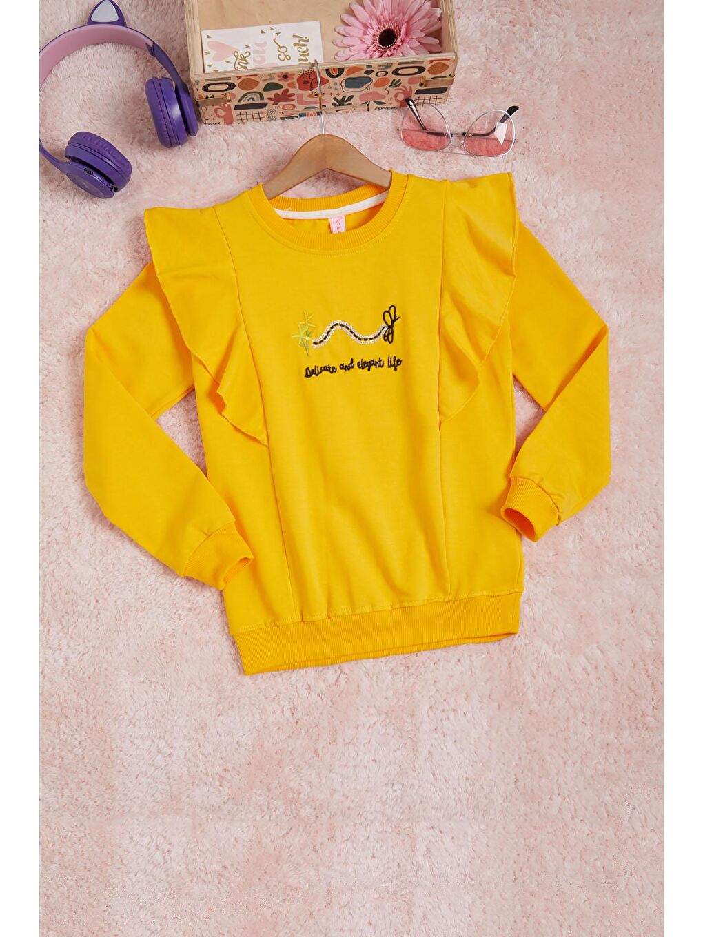 Pembe Life Kids Club Sarı Kelebek Nakışlı Volanlı Kız Çocuk Sweatshirt 16411